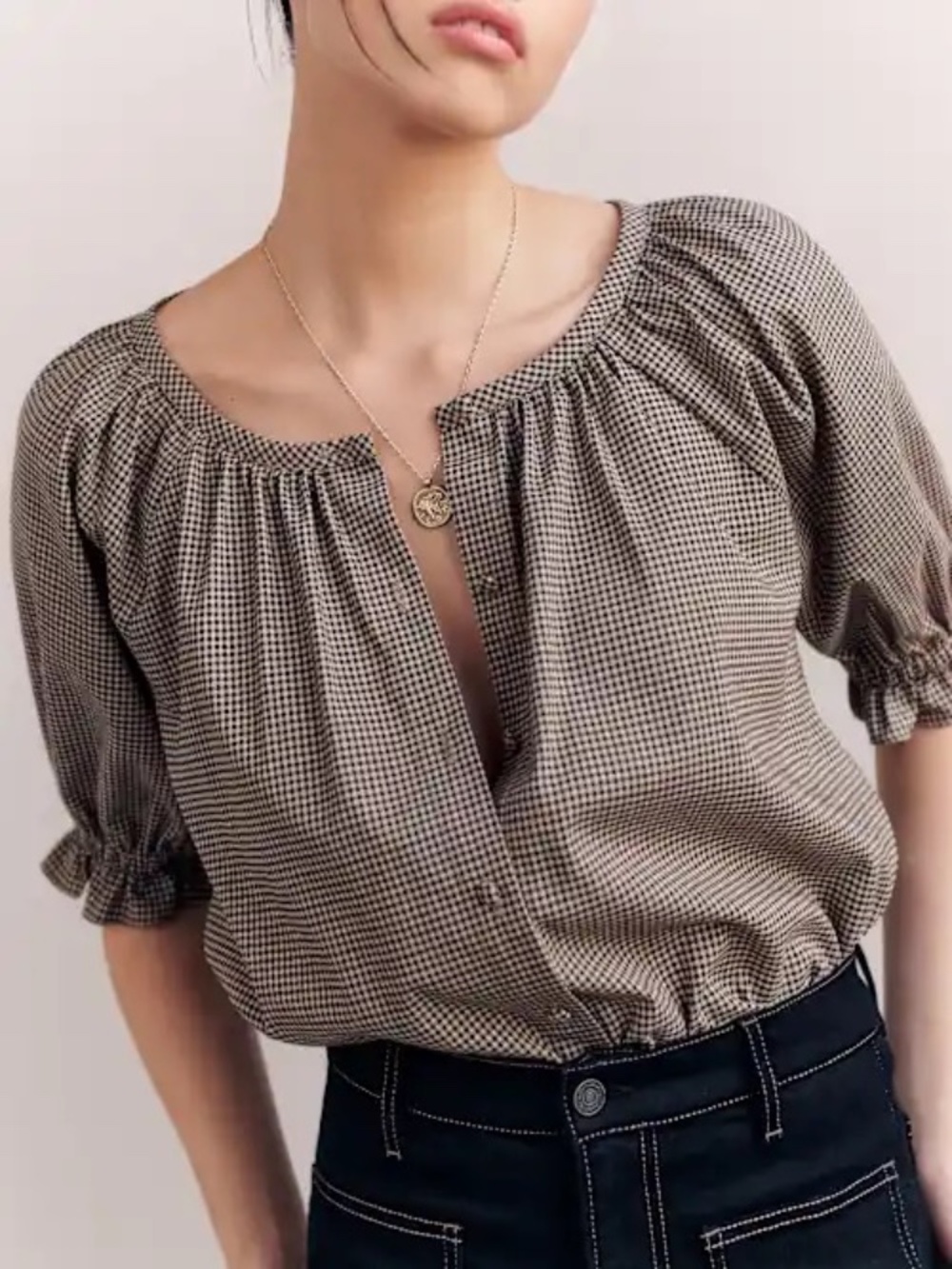 Reformation Delphi Top, Size Large, Black & Brown Gingham